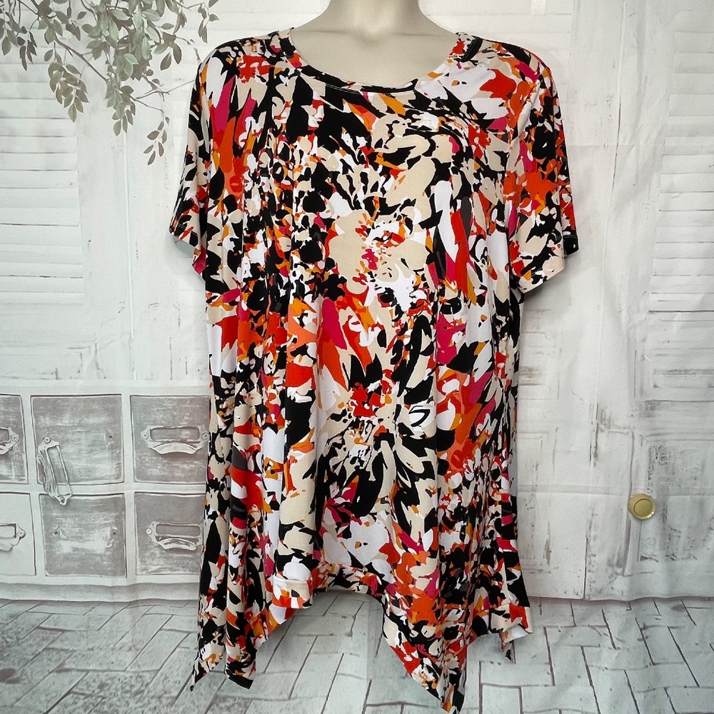 Avenue Black Red Orange Shark Bit Hem Stretch Career Top Blouse Plus 22 24